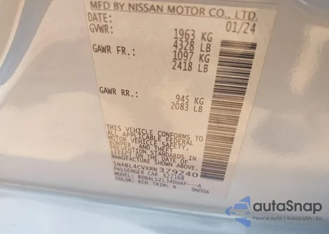 2024 Nissan Altima Sr Fwd from USA, damaged, VIN 1N4BL4CVXRN379240